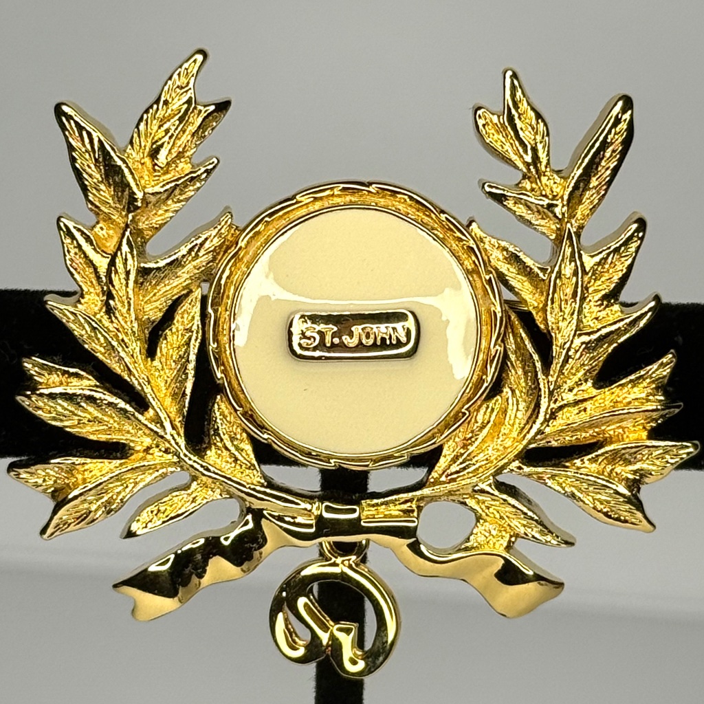 Rare St. John Maltese Gold Plated Cream Enamel Dangle Logo Pin Brooch
